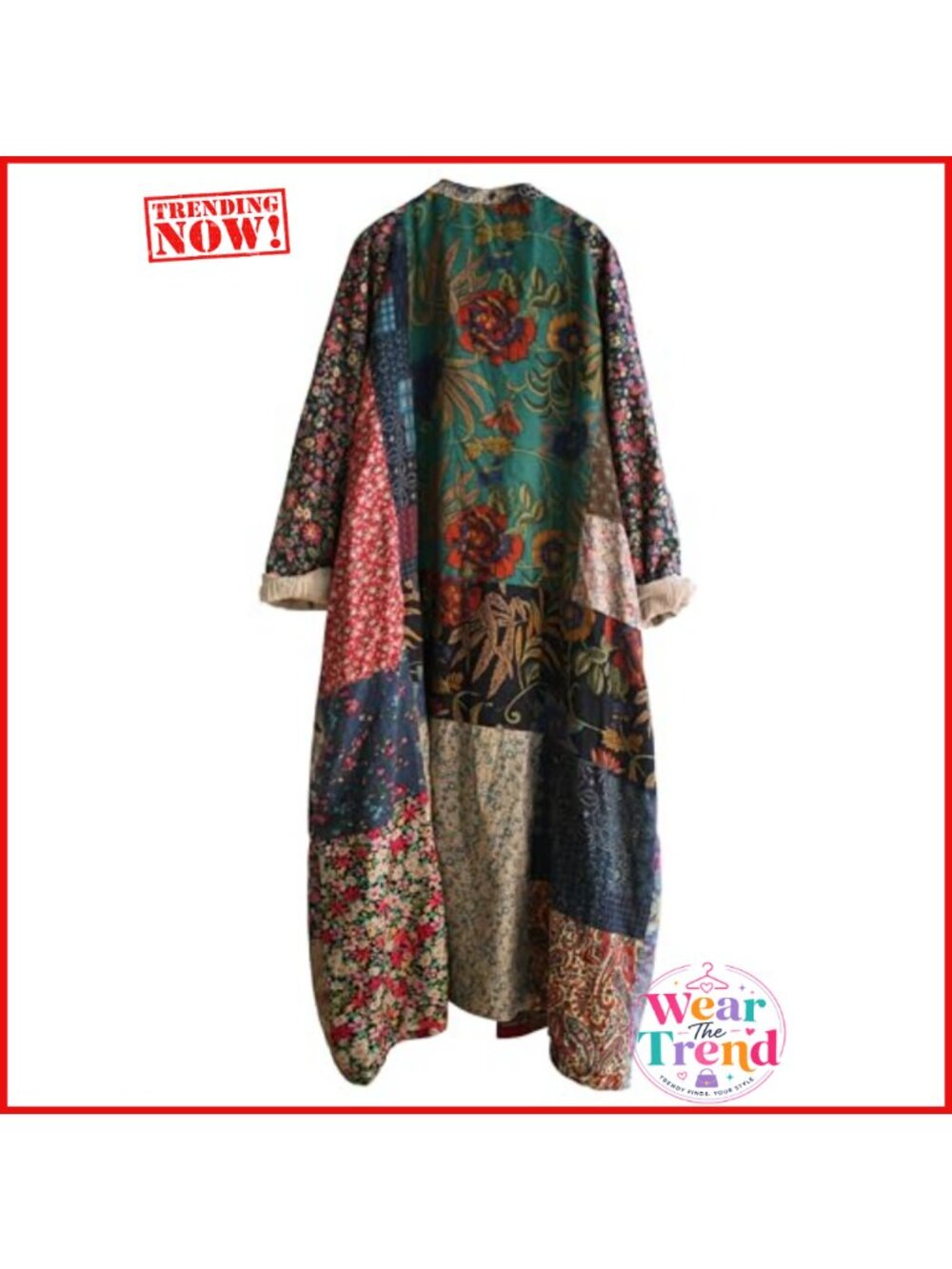 Women Patchwork Floral Cotton Linen Trench Coat Button Boho Duster - Picture 4 of 6
